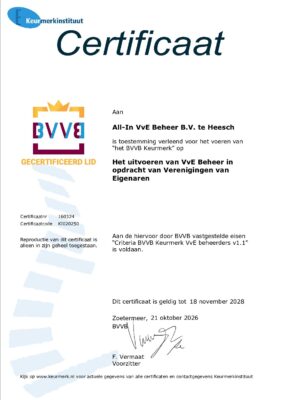 All-In VvE Beheer opnieuw gecertificeerd met het BVVB Keurmerk